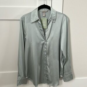 H&M Light Green Faux Silk Collar Blouse Shirt NWT